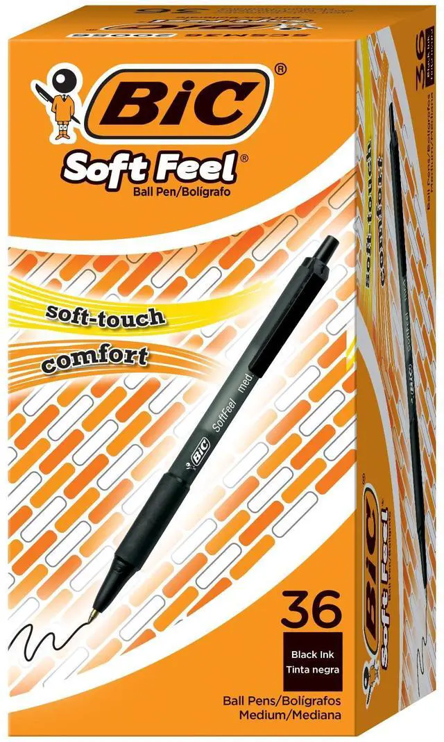 Main image of Soft Feel Black Retractable Ballpoint Pens, Medium Point (1.0mm), 36-Count Pack, Black Pens With Soft-Touch Comfort Grip, Pack of 12