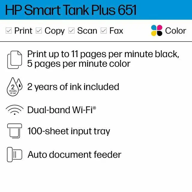 Alt view image 2 of 7 - Smart Tank Plus 651 Wireless All-in-One Printer, Ink Tank Printer-for-Home Use, 2 Years of Ink Included Auto Document Feeder, Mobile Print, Scan, Copy, Fax. (7XV38A)