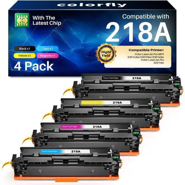 Main image of 218A Toner Cartridge 4 Pack for HP Color LaserJet Pro MFP 3301fdw 3201dw | for 3301cdw 3301sdw printer, High Yield with Chip W2180A W2181A W2182A W2183A (Black, Cyan, Magenta, Yellow)