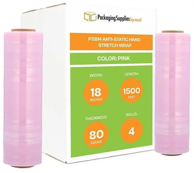 Main image of PSBM Anti-Static Stretch Film/Wrap 18 Inch x 1500 Feet 80 GA Pink 4 Pack | Anti Static Stretch Wrap, Down Gauge Plastic Cling Film for Pallets, Moving, Storing, Transport, Warehouse Organization