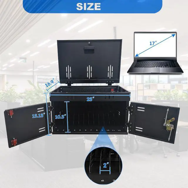 Alt view image 4 of 6 - 12 Device Charging Station for Laptops & Tablets, Portable Lockable Charging Cabinet Lock Box with Cable Management,Fits 17in Laptop Computers Chromebooks, for Classroom, Library, and Office(Black)