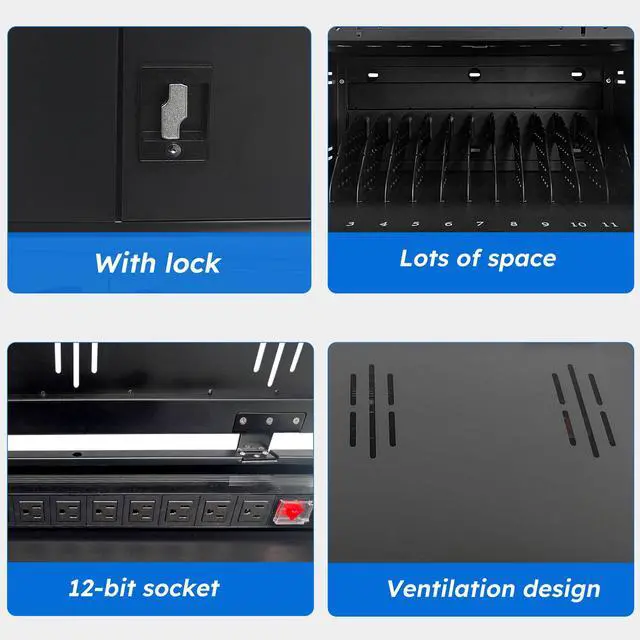 Alt view image 3 of 6 - 12 Device Charging Station for Laptops & Tablets, Portable Lockable Charging Cabinet Lock Box with Cable Management,Fits 17in Laptop Computers Chromebooks, for Classroom, Library, and Office(Black)