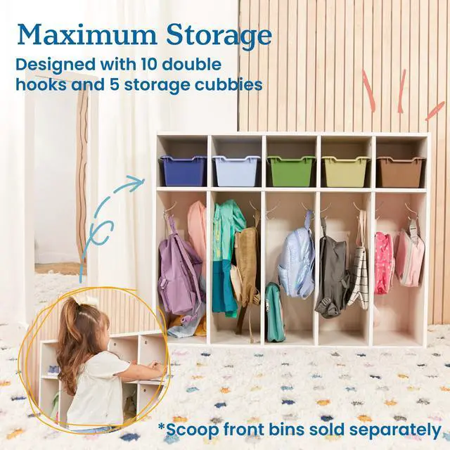 Alt view image 4 of 7 - Streamline 5-Section Toddler Coat Locker with Cubby Storage, Kids Furniture, White Wash