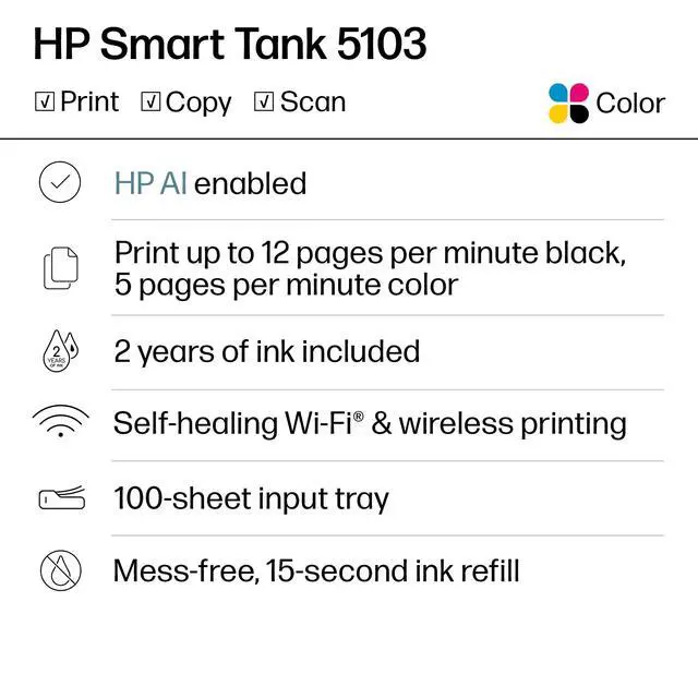 Alt view image 7 of 7 - Smart Tank 5103 Wireless All-in-One Ink Tank Printer, Scanner,2 Years of Ink, 100 Sheets of Photo Paper Included, Cartridge-Free, Refillable, AI-Enabled (5D1B2A)