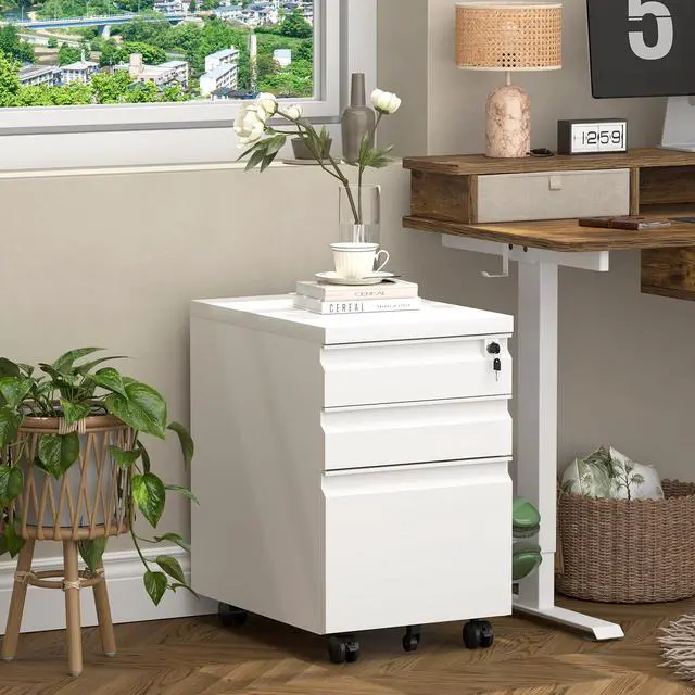 Alt view image 2 of 7 - 3 Drawer File Cabinet, Metal Printer Stand with Roling Caster, Under Desk Storage for Home Office, File Cabinet with Lock, No Assembly Required, White