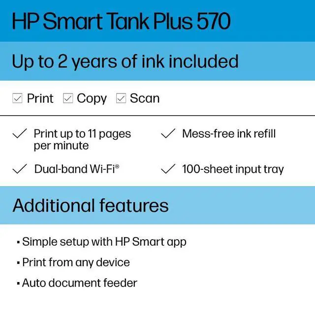 Alt view image 3 of 7 - Smart Tank Plus 570 Wireless All-in-One Ink Tank Printer with up to 2 Years of Ink Included (5HX14A)