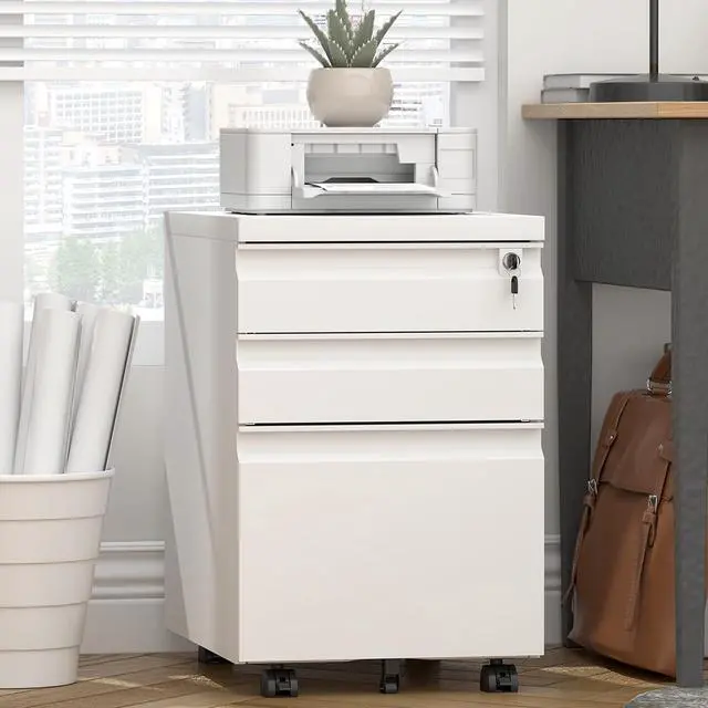 Main image of 3 Drawer File Cabinet, Metal Printer Stand with Roling Caster, Under Desk Storage for Home Office, File Cabinet with Lock, No Assembly Required, White