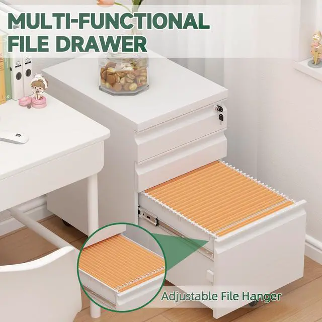 Alt view image 5 of 7 - 3 Drawer File Cabinet, Metal Printer Stand with Roling Caster, Under Desk Storage for Home Office, File Cabinet with Lock, No Assembly Required, White