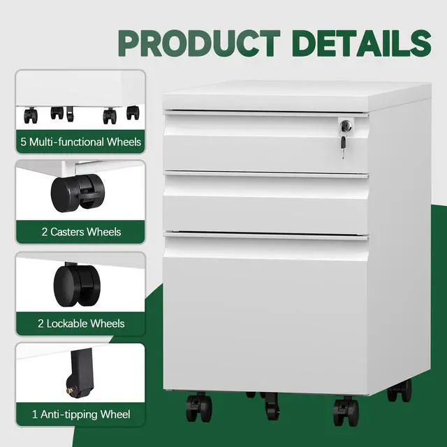 Alt view image 4 of 7 - 3 Drawer File Cabinet, Metal Printer Stand with Roling Caster, Under Desk Storage for Home Office, File Cabinet with Lock, No Assembly Required, White