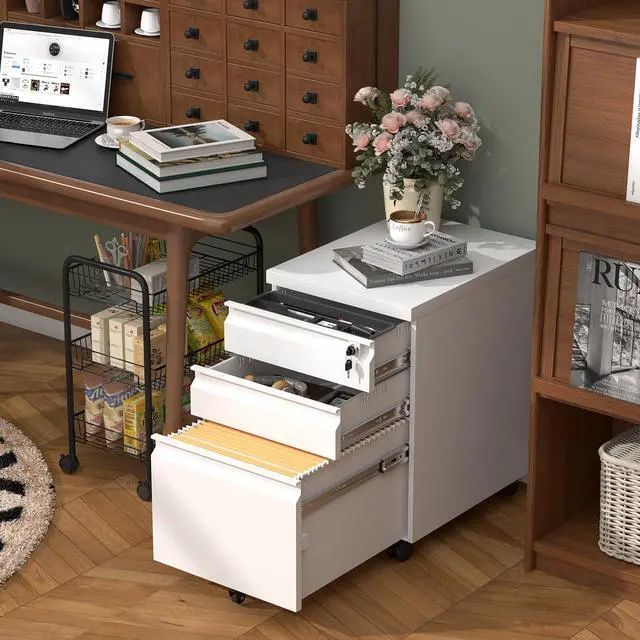 Alt view image 7 of 7 - 3 Drawer File Cabinet, Metal Printer Stand with Roling Caster, Under Desk Storage for Home Office, File Cabinet with Lock, No Assembly Required, White