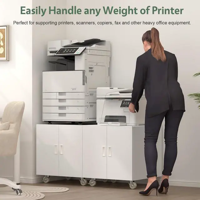 Alt view image 4 of 7 - Metal Office Storage Cabinet, Rolling File Table for Printers, Heavy-Duty Mobile Desk with Adjustable Shelf, Printer Stand for Copier, Fax, Large File Stands for Office, Workplace, White