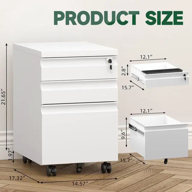 Alt view image 3 of 7 - 3 Drawer File Cabinet, Metal Printer Stand with Roling Caster, Under Desk Storage for Home Office, File Cabinet with Lock, No Assembly Required, White