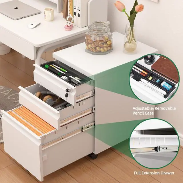 Alt view image 6 of 7 - 3 Drawer File Cabinet, Metal Printer Stand with Roling Caster, Under Desk Storage for Home Office, File Cabinet with Lock, No Assembly Required, White