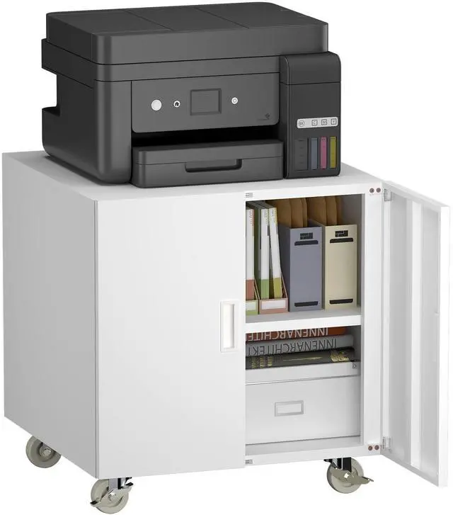 Main image of Metal Office Storage Cabinet, Rolling File Table for Printers, Heavy-Duty Mobile Desk with Adjustable Shelf, Printer Stand for Copier, Fax, Large File Stands for Office, Workplace, White