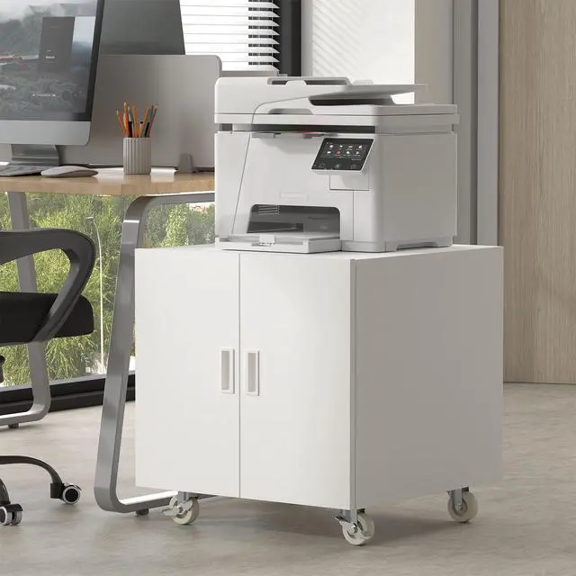 Alt view image 2 of 7 - Metal Office Storage Cabinet, Rolling File Table for Printers, Heavy-Duty Mobile Desk with Adjustable Shelf, Printer Stand for Copier, Fax, Large File Stands for Office, Workplace, White