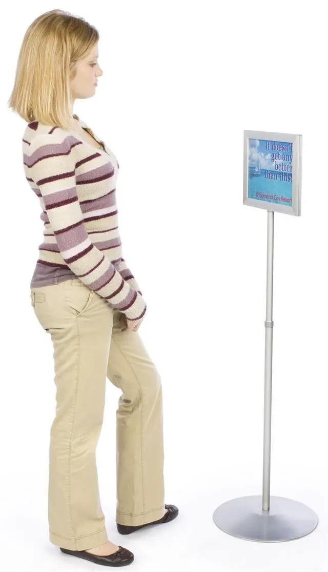Alt view image 5 of 5 - Pedestal Sign Stand with Telescoping Height-Adjustable Design, Double-Sided Frame with Top-Loading Setup for 11x8.5 Prints - Silver, Aluminum