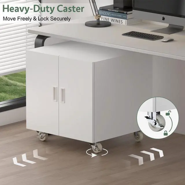 Alt view image 6 of 7 - Metal Office Storage Cabinet, Rolling File Table for Printers, Heavy-Duty Mobile Desk with Adjustable Shelf, Printer Stand for Copier, Fax, Large File Stands for Office, Workplace, White