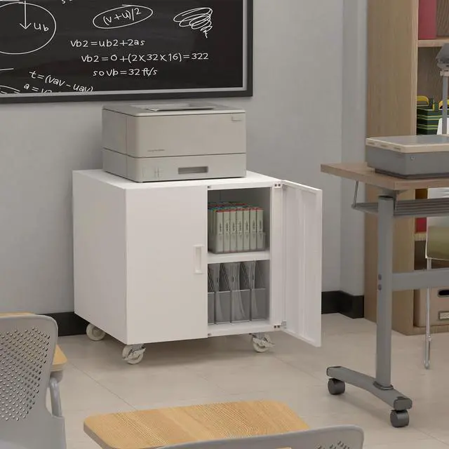 Alt view image 7 of 7 - Metal Office Storage Cabinet, Rolling File Table for Printers, Heavy-Duty Mobile Desk with Adjustable Shelf, Printer Stand for Copier, Fax, Large File Stands for Office, Workplace, White