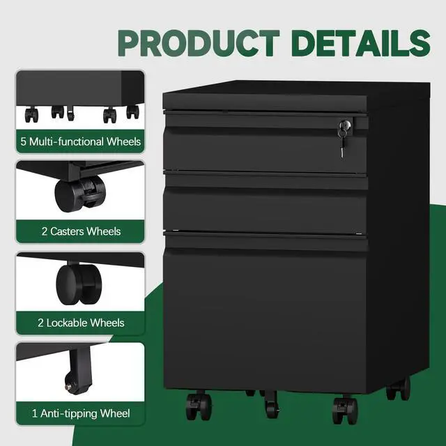 Alt view image 4 of 7 - Filing Cabinets for Home Office, Printer Table with Caster, Lockable Office Cabinet with 3 Drawer, Small File Cabinet for Letters/A4, No Assembly Required, Black