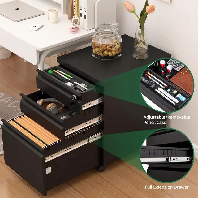 Alt view image 6 of 7 - Filing Cabinets for Home Office, Printer Table with Caster, Lockable Office Cabinet with 3 Drawer, Small File Cabinet for Letters/A4, No Assembly Required, Black