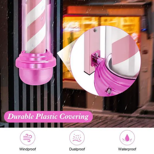 Alt view image 3 of 7 - Barber Pole with LED Light for Hairdressing,Salon Spa Stripes Rotating lamp,Wall Mount Barber Outside Pole,Classic Hair Salon Open Sign, 7.1"(L) x 10.2"(W) x 26.7"(H) L018 (Pink)