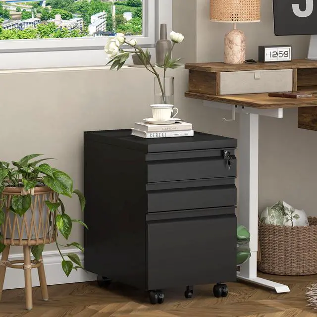 Alt view image 2 of 7 - Filing Cabinets for Home Office, Printer Table with Caster, Lockable Office Cabinet with 3 Drawer, Small File Cabinet for Letters/A4, No Assembly Required, Black