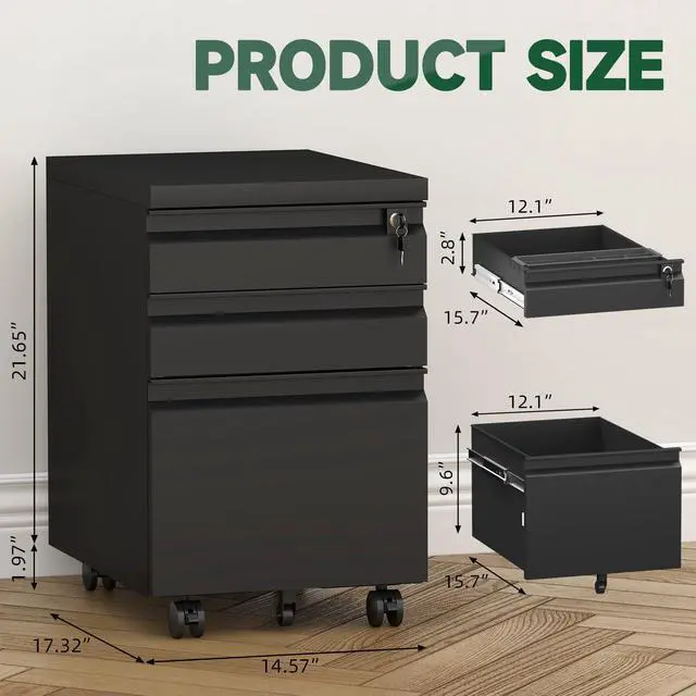 Alt view image 3 of 7 - Filing Cabinets for Home Office, Printer Table with Caster, Lockable Office Cabinet with 3 Drawer, Small File Cabinet for Letters/A4, No Assembly Required, Black