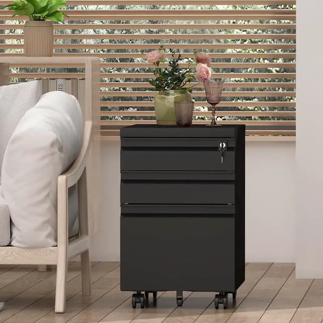 Alt view image 7 of 7 - Filing Cabinets for Home Office, Printer Table with Caster, Lockable Office Cabinet with 3 Drawer, Small File Cabinet for Letters/A4, No Assembly Required, Black