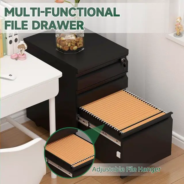 Alt view image 5 of 7 - Filing Cabinets for Home Office, Printer Table with Caster, Lockable Office Cabinet with 3 Drawer, Small File Cabinet for Letters/A4, No Assembly Required, Black