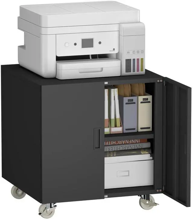 Main image of Metal File Cabinet with Wheels, Rolling Printer Station for Home Office, Heavy Duty Storage Cabinet with Adjustable Shelf, Large Office Mobile Cabinet for Fax, Scanner, Copier, Black