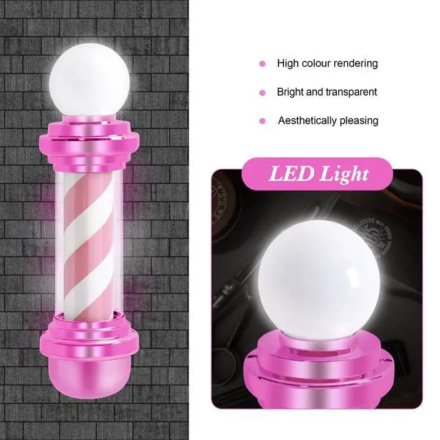 Alt view image 5 of 7 - Barber Pole with LED Light for Hairdressing,Salon Spa Stripes Rotating lamp,Wall Mount Barber Outside Pole,Classic Hair Salon Open Sign, 7.1"(L) x 10.2"(W) x 26.7"(H) L018 (Pink)