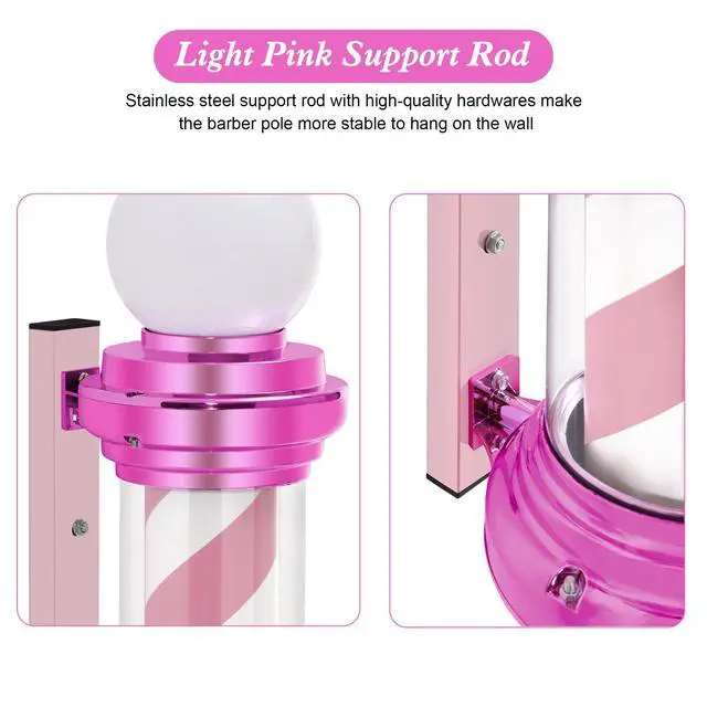 Alt view image 4 of 7 - Barber Pole with LED Light for Hairdressing,Salon Spa Stripes Rotating lamp,Wall Mount Barber Outside Pole,Classic Hair Salon Open Sign, 7.1"(L) x 10.2"(W) x 26.7"(H) L018 (Pink)