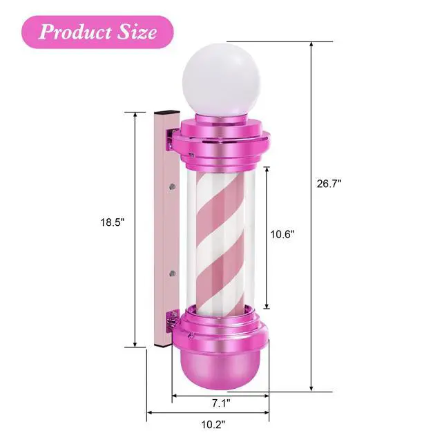 Alt view image 7 of 7 - Barber Pole with LED Light for Hairdressing,Salon Spa Stripes Rotating lamp,Wall Mount Barber Outside Pole,Classic Hair Salon Open Sign, 7.1"(L) x 10.2"(W) x 26.7"(H) L018 (Pink)