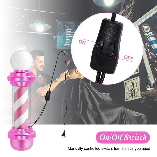 Alt view image 6 of 7 - Barber Pole with LED Light for Hairdressing,Salon Spa Stripes Rotating lamp,Wall Mount Barber Outside Pole,Classic Hair Salon Open Sign, 7.1"(L) x 10.2"(W) x 26.7"(H) L018 (Pink)