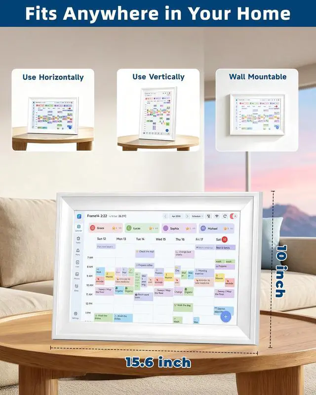 Alt view image 3 of 7 - 15.6in Digital Calendar for Family, Smart Touchscreen Wall Planner with Chore Chart,Meal Planner&Digital Photo Frame, No Subscription,Syncs with Google Calendar iCloud Outlook,Wall and Desk Mountable