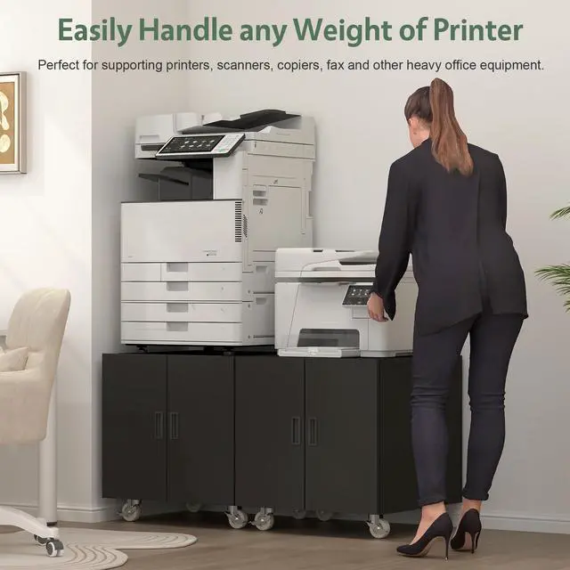 Alt view image 4 of 7 - Metal File Cabinet with Wheels, Rolling Printer Station for Home Office, Heavy Duty Storage Cabinet with Adjustable Shelf, Large Office Mobile Cabinet for Fax, Scanner, Copier, Black