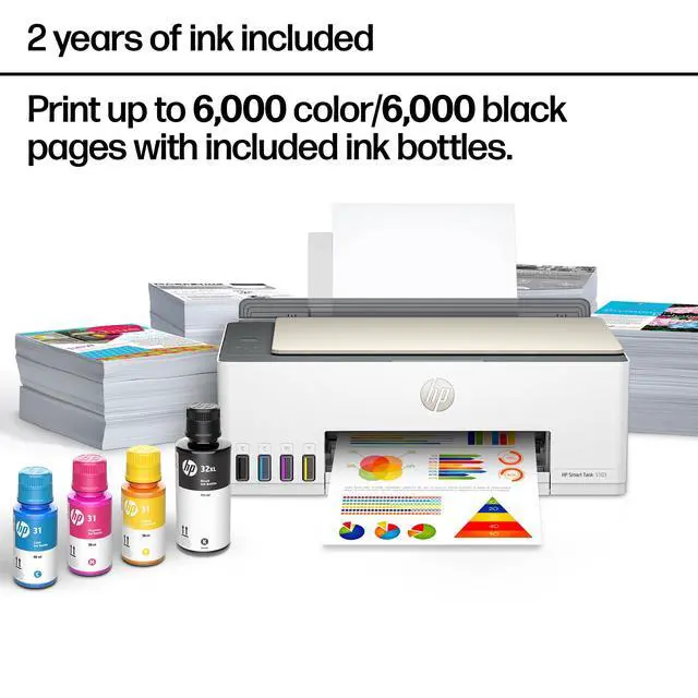 Alt view image 3 of 7 - Smart Tank 5103 Wireless All-in-One Ink Tank Printer, Scanner,2 Years of Ink, 100 Sheets of Photo Paper Included, Cartridge-Free, Refillable, AI-Enabled (5D1B2A)