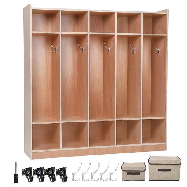 Main image of 5-Section Classroom Coat Locker, 10 Cubbies for Classrooms, Daycare Cubby with 4 Hidden Wheels & 5 Hooks & 2 Storage Boxes, Cubby Storage Organizer for Kids, Kindergarten, Home, School