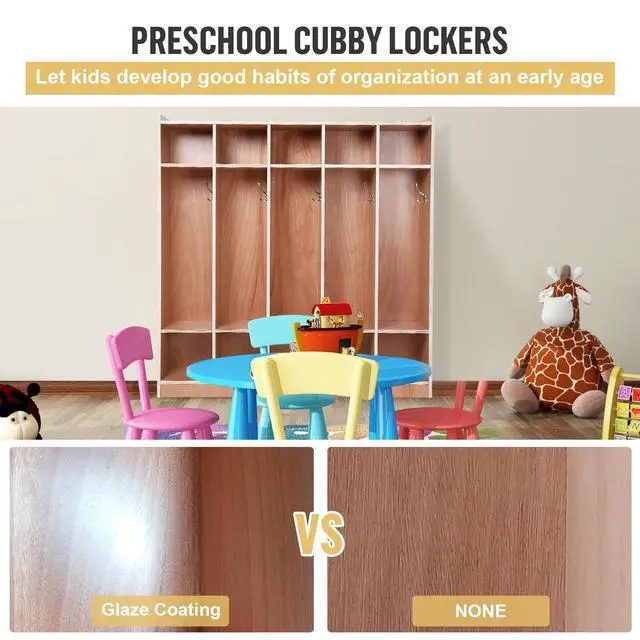 Alt view image 6 of 7 - 5-Section Classroom Coat Locker, 10 Cubbies for Classrooms, Daycare Cubby with 4 Hidden Wheels & 5 Hooks & 2 Storage Boxes, Cubby Storage Organizer for Kids, Kindergarten, Home, School