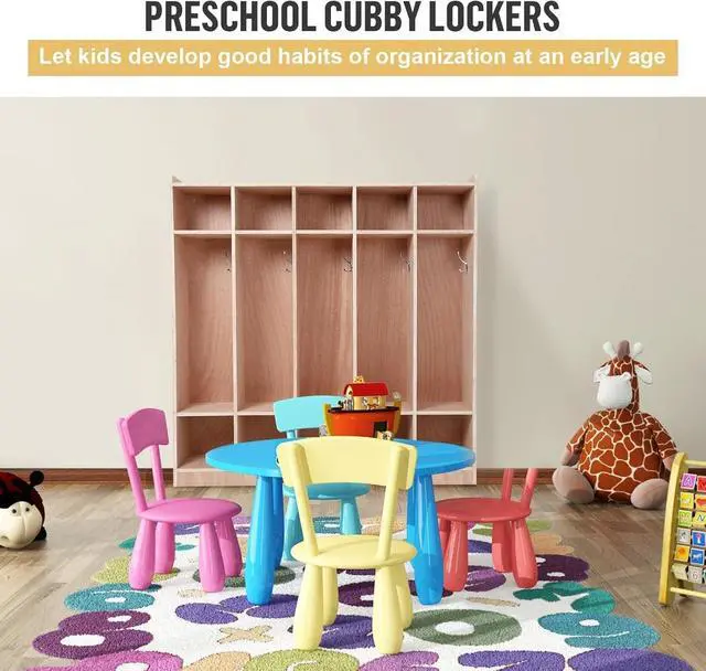Alt view image 2 of 7 - 5-Section Classroom Coat Locker, 10 Cubbies for Classrooms, Daycare Cubby with 4 Hidden Wheels & 5 Hooks & 2 Storage Boxes, Cubby Storage Organizer for Kids, Kindergarten, Home, School