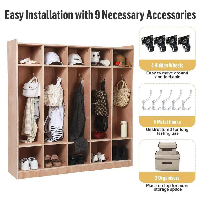 Alt view image 4 of 7 - 5-Section Classroom Coat Locker, 10 Cubbies for Classrooms, Daycare Cubby with 4 Hidden Wheels & 5 Hooks & 2 Storage Boxes, Cubby Storage Organizer for Kids, Kindergarten, Home, School