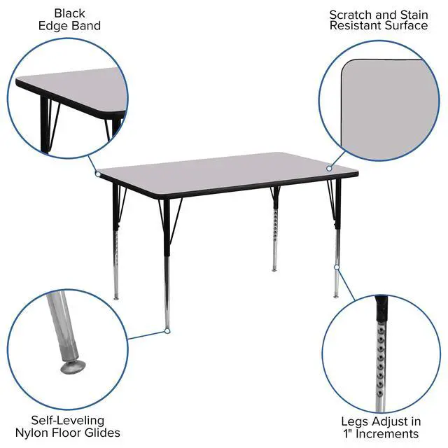 Alt view image 4 of 7 - Adjustable Kids Activity Table for Home Use, Height-Adjustable Classroom Table for Kids, 24" W x 48" D x 21.125-30.125" H, Gray
