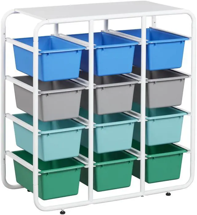 Main image of 4-Tier Storage Rack with 12 Cubby Bins 4x3, Multipurpose Organization, Contemporary