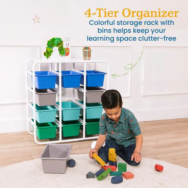 Alt view image 4 of 7 - 4-Tier Storage Rack with 12 Cubby Bins 4x3, Multipurpose Organization, Contemporary