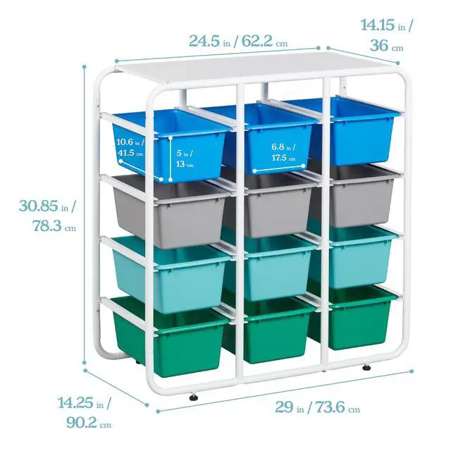 Alt view image 3 of 7 - 4-Tier Storage Rack with 12 Cubby Bins 4x3, Multipurpose Organization, Contemporary