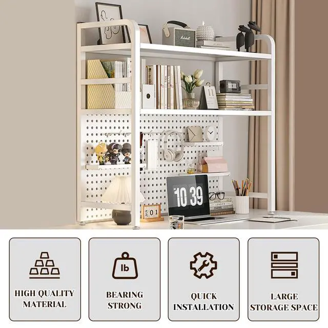Alt view image 3 of 6 - 2 Layer Desktop Bookshelf for Computer - Multipurpose Metal Hutch Shelf, Wrought Iron Bookcase for Office Supplies Organizer (White)