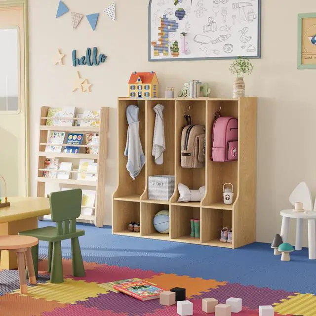 Alt view image 4 of 7 - 4-Section Classroom Coat Locker with 4 Cubbies, Cubby Storage Organizer with 8 Hooks for Home, School, Nursery, Kindergarten, Natural Oak