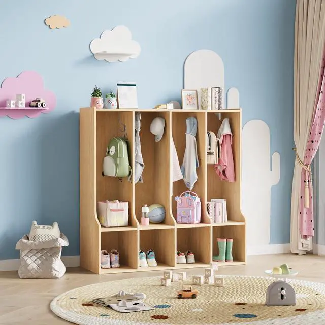 Alt view image 2 of 7 - 4-Section Classroom Coat Locker with 4 Cubbies, Cubby Storage Organizer with 8 Hooks for Home, School, Nursery, Kindergarten, Natural Oak