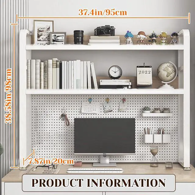 Alt view image 2 of 6 - 2 Layer Desktop Bookshelf for Computer - Multipurpose Metal Hutch Shelf, Wrought Iron Bookcase for Office Supplies Organizer (White)