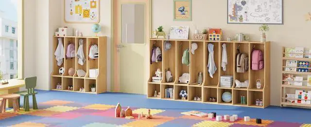 Alt view image 5 of 7 - 4-Section Classroom Coat Locker with 4 Cubbies, Cubby Storage Organizer with 8 Hooks for Home, School, Nursery, Kindergarten, Natural Oak